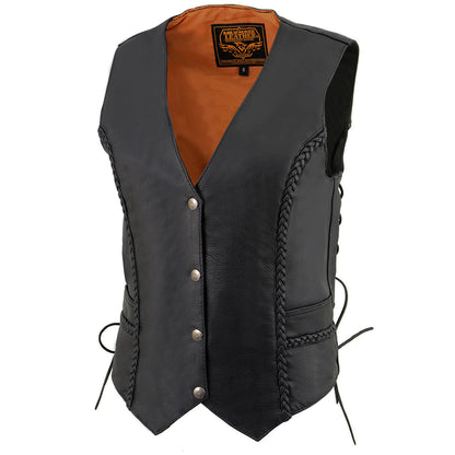Women's Black Braided Naked Leather Side Lace Motorcycle Rider Vest W/Front Snap Closure