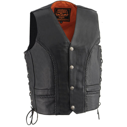 Men's 'Buffalo Coin' Black Braided Leather Vest with Side Laces