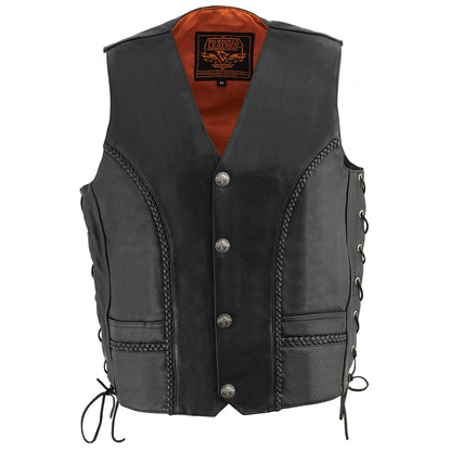 Men's 'Buffalo Coin' Black Braided Leather Vest with Side Laces
