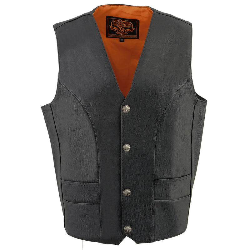 Men's Classic Black Leather Vest with Buffalo Nickel Snaps