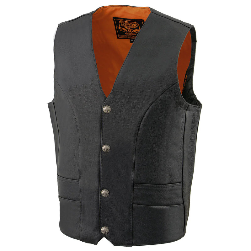 Men's Classic Black Leather Vest with Buffalo Nickel Snaps