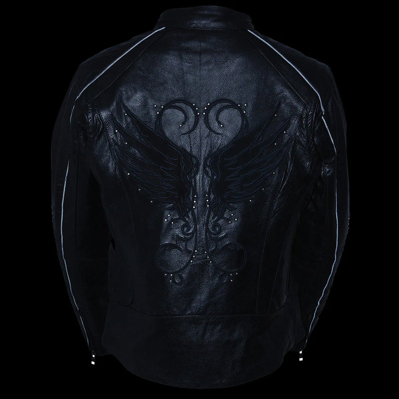 Women's Black 'Embroidered Wing and Stud Design' Leather Scooter Jacket