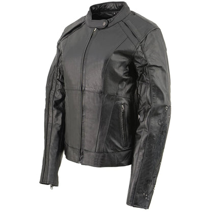 Women's Black 'Embroidered Wing and Stud Design' Leather Scooter Jacket
