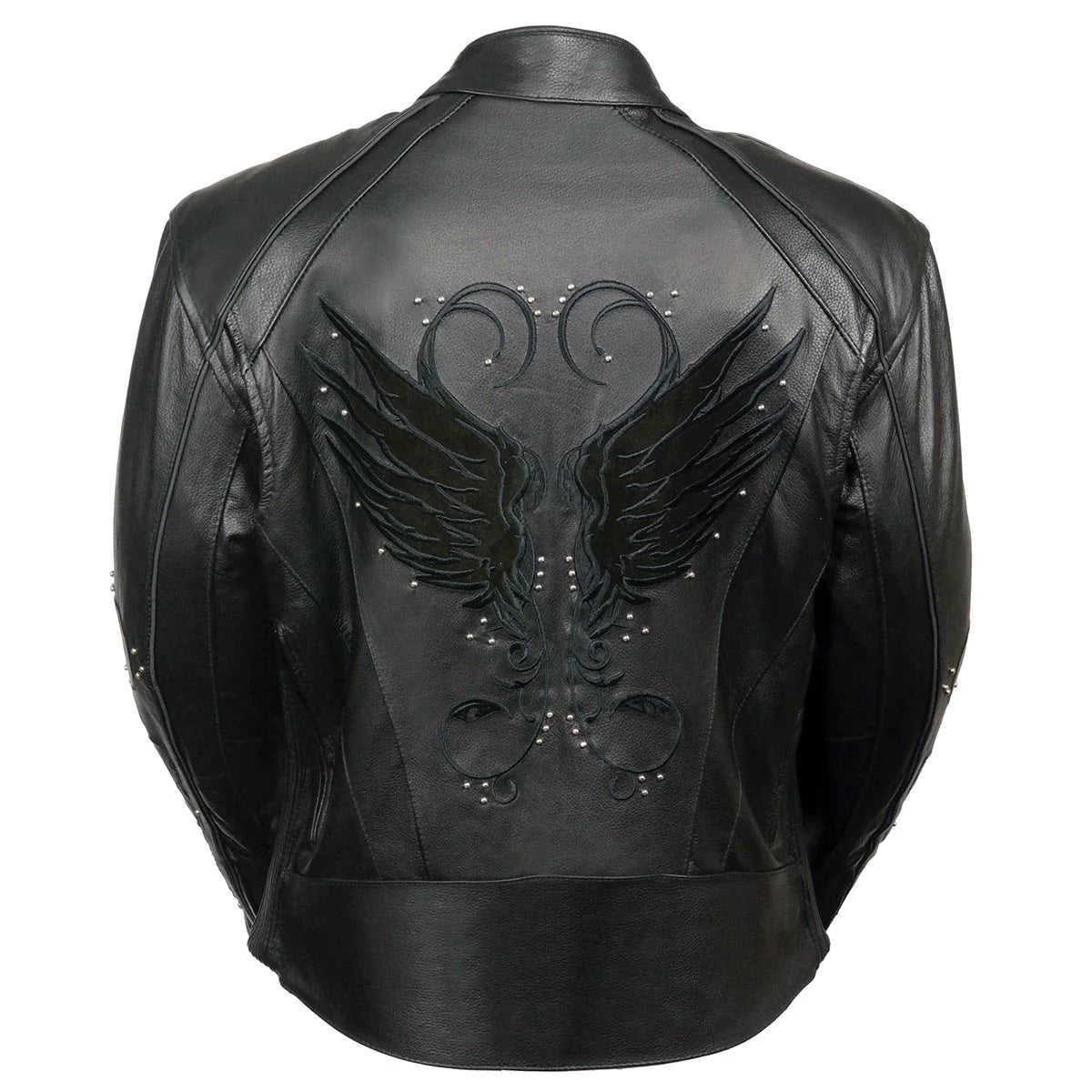 Women's Black 'Embroidered Wing and Stud Design' Leather Scooter Jacket
