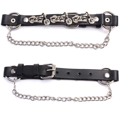 Silver Boot Chain With Motorcycle Medallion Adjustable Leather Strap