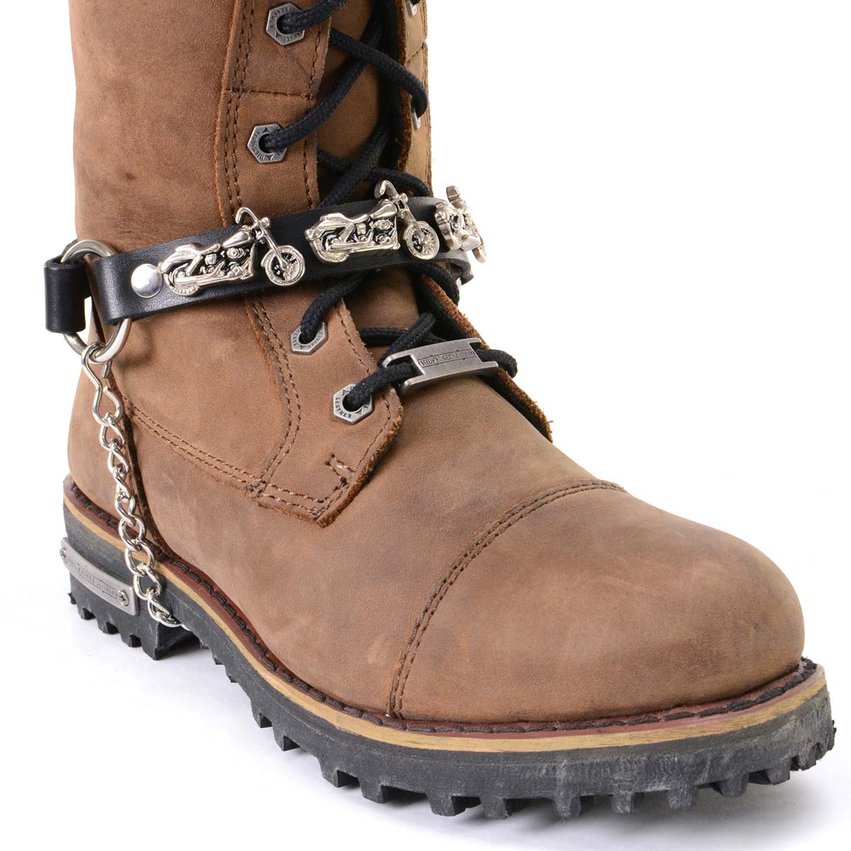 Silver Boot Chain With Motorcycle Medallion Adjustable Leather Strap