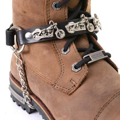 Silver Boot Chain With Motorcycle Medallion Adjustable Leather Strap