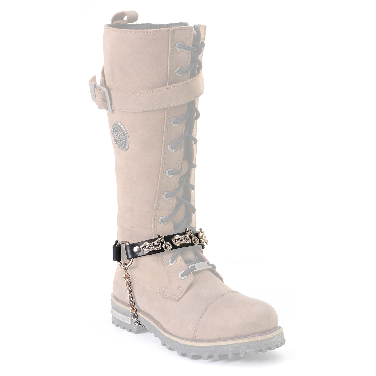 Silver Boot Chain With Motorcycle Medallion Adjustable Leather Strap