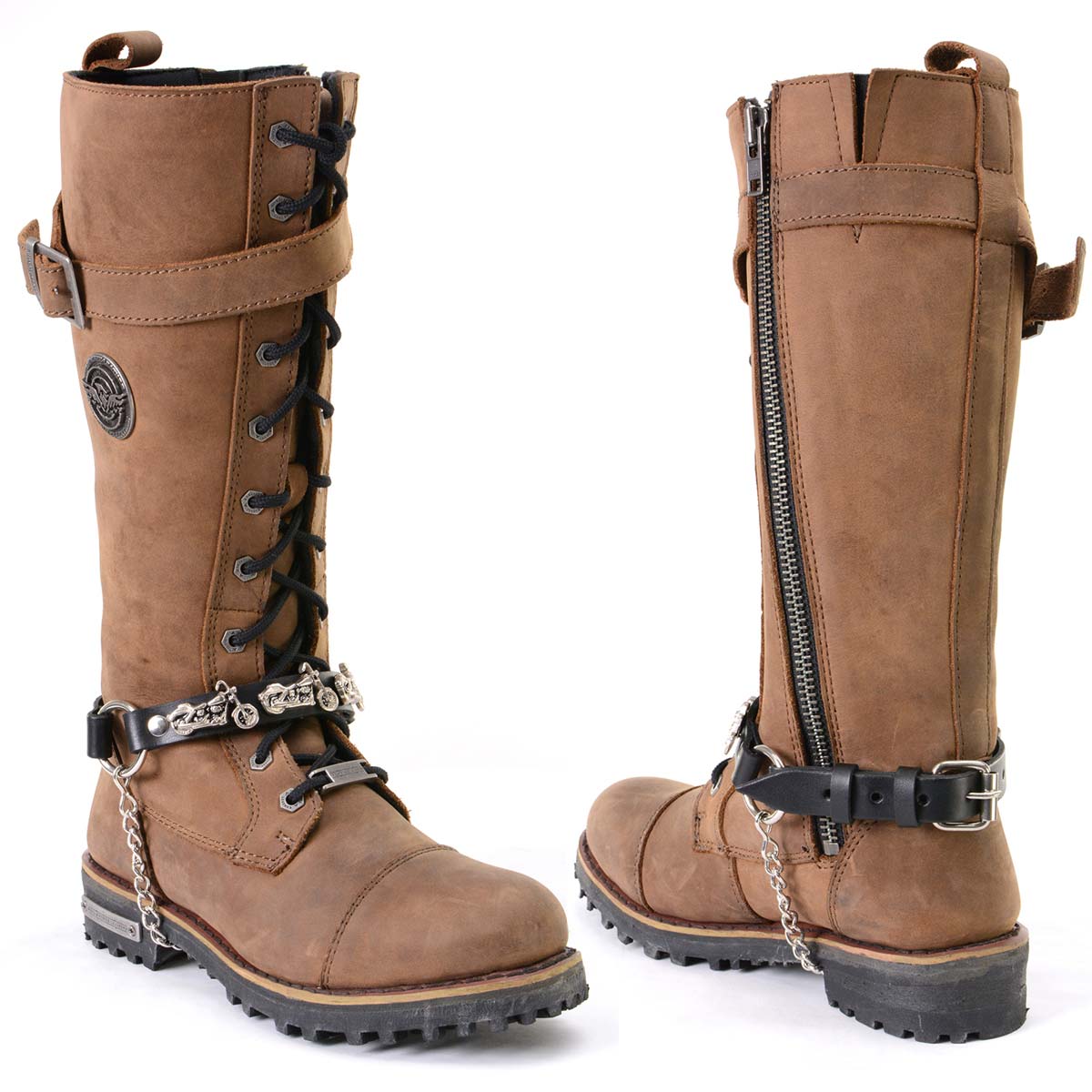 Silver Boot Chain With Motorcycle Medallion Adjustable Leather Strap