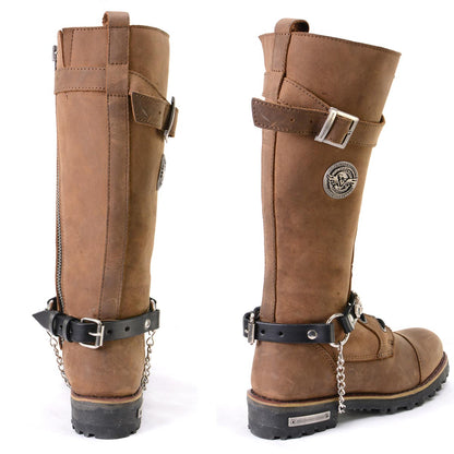 Silver Boot Chain With Motorcycle Medallion Adjustable Leather Strap