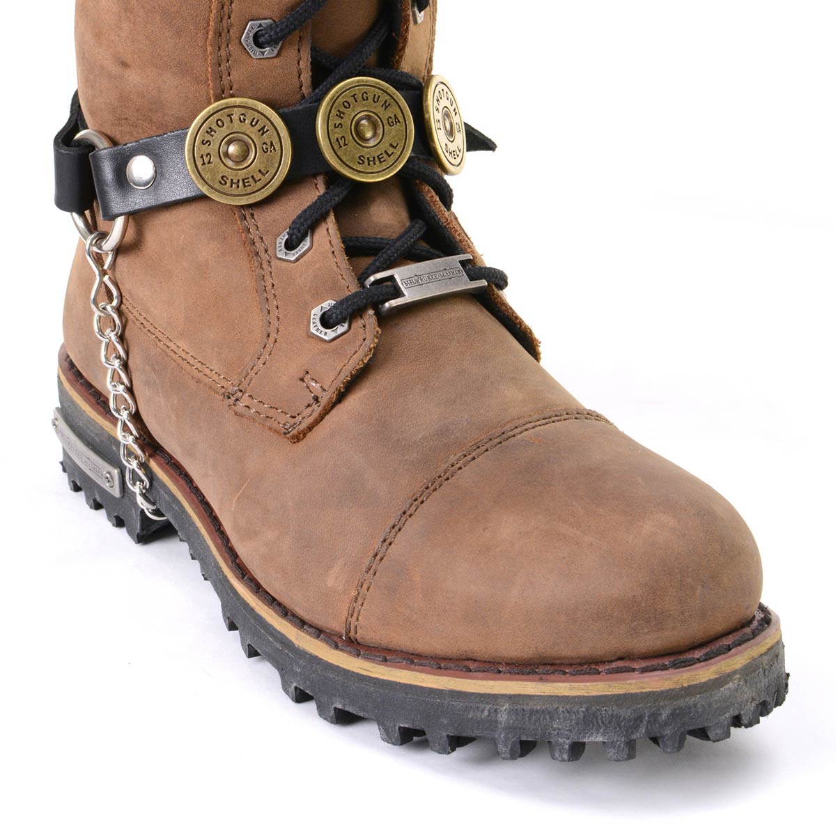 Silver 12 Gauge Shell Medallion Boot Chain Adjustable Leather Strap