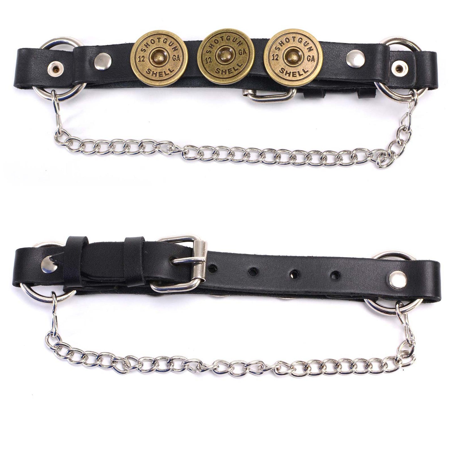 Silver 12 Gauge Shell Medallion Boot Chain Adjustable Leather Strap