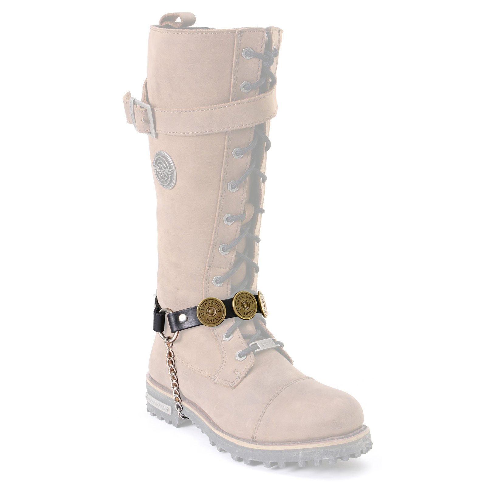 Silver 12 Gauge Shell Medallion Boot Chain Adjustable Leather Strap