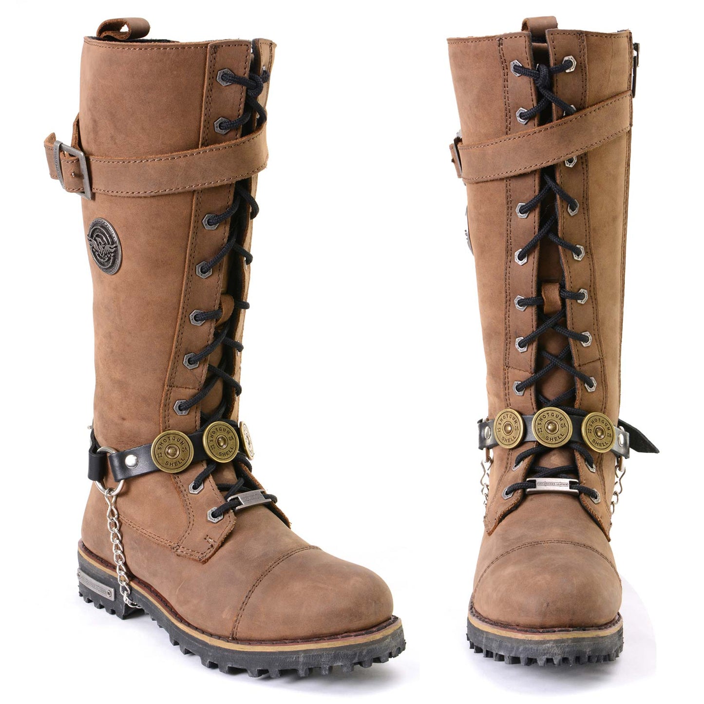 Silver 12 Gauge Shell Medallion Boot Chain Adjustable Leather Strap