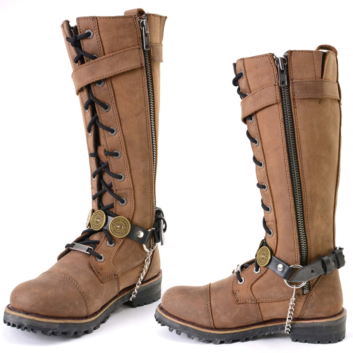Silver 12 Gauge Shell Medallion Boot Chain Adjustable Leather Strap