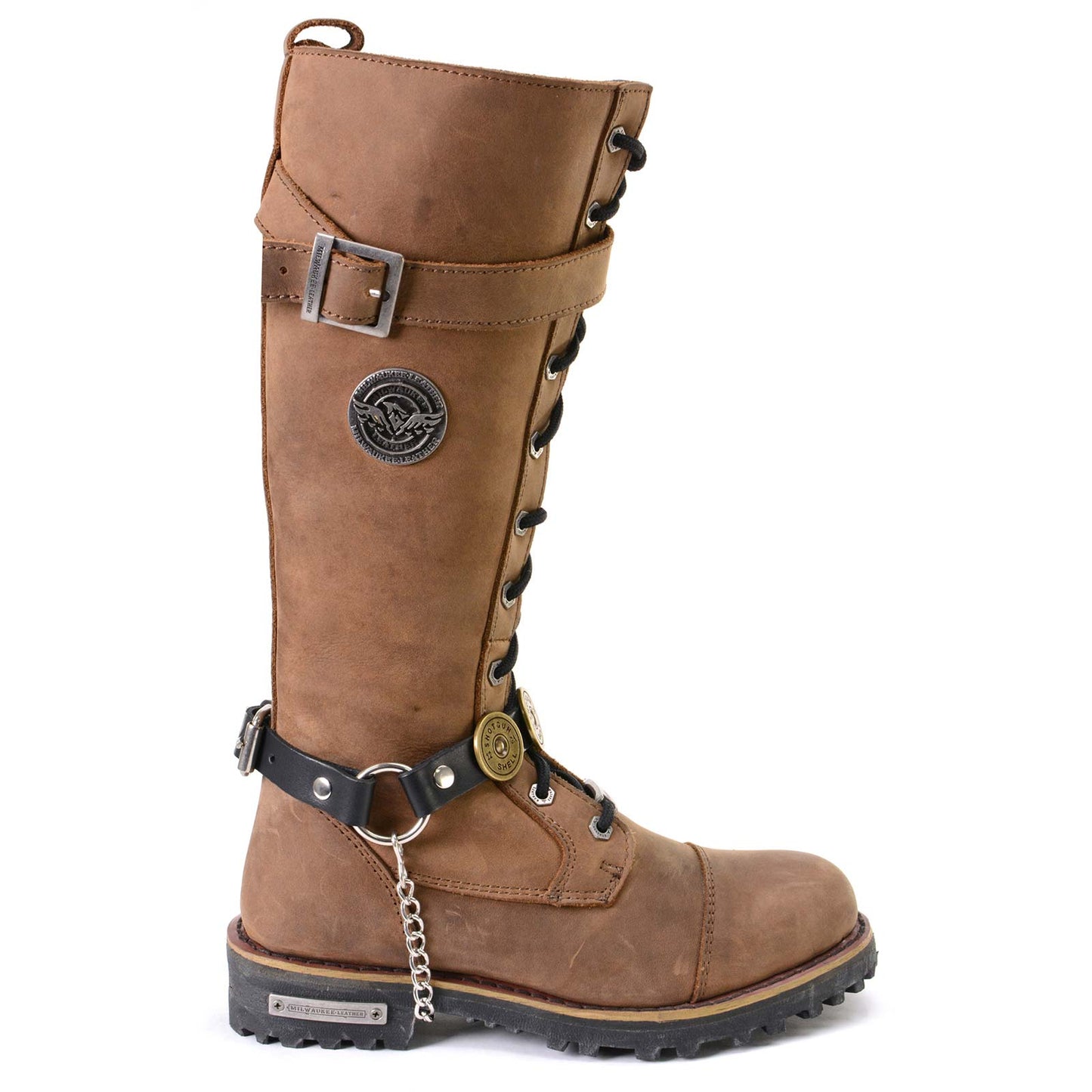 Silver 12 Gauge Shell Medallion Boot Chain Adjustable Leather Strap
