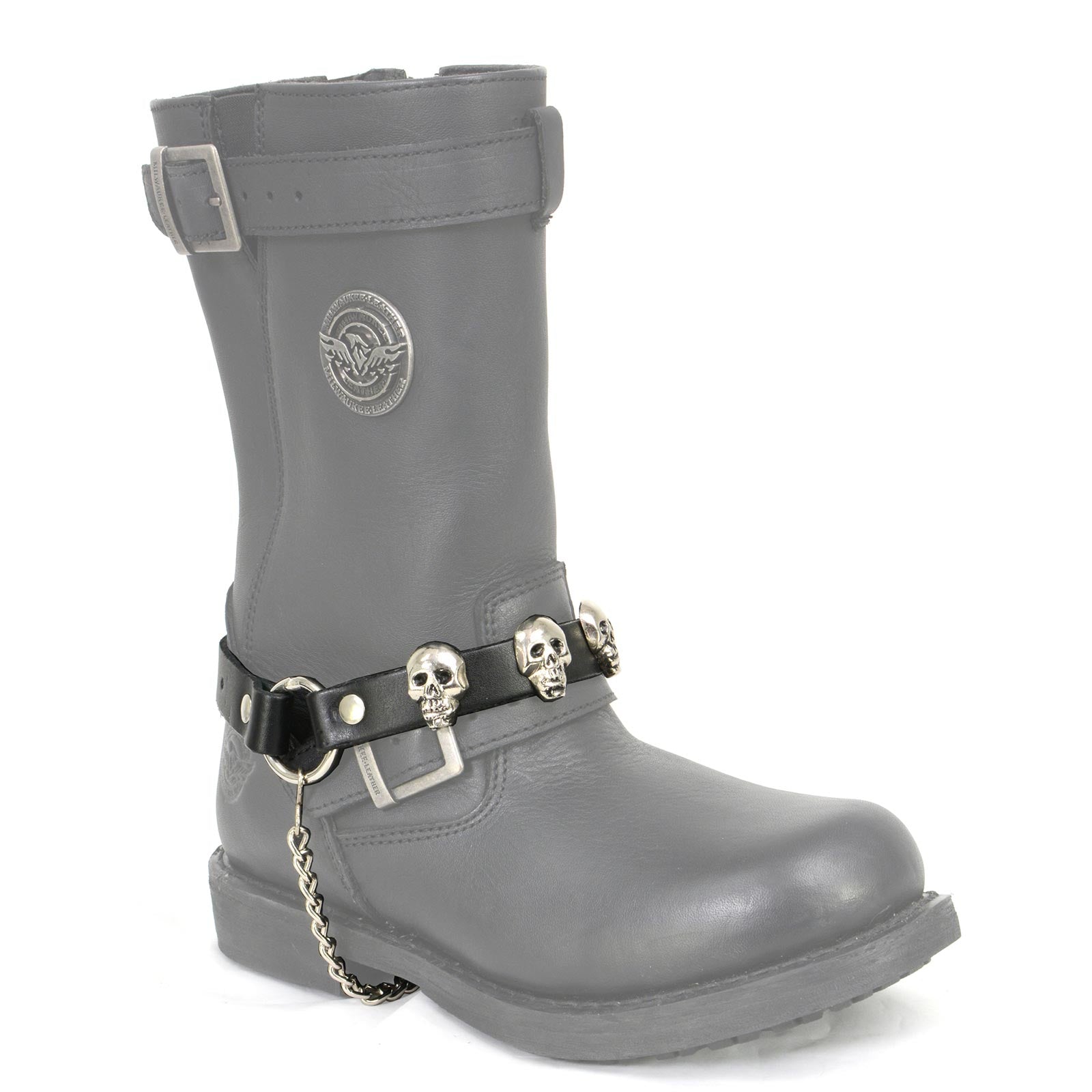 Silver Classic Skull Heads Biker Chain for Motorcycle Boots Adjustable Leather Strap