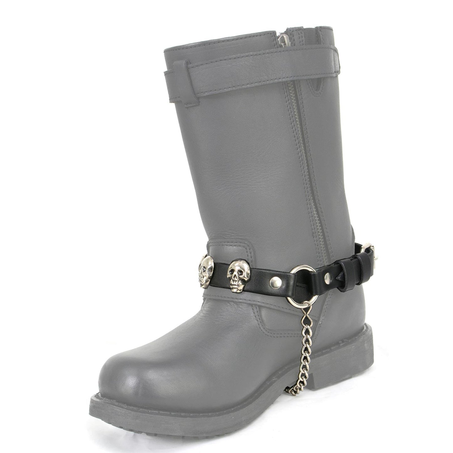 Silver Classic Skull Heads Biker Chain for Motorcycle Boots Adjustable Leather Strap