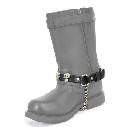 Silver Classic Skull Heads Biker Chain for Motorcycle Boots Adjustable Leather Strap