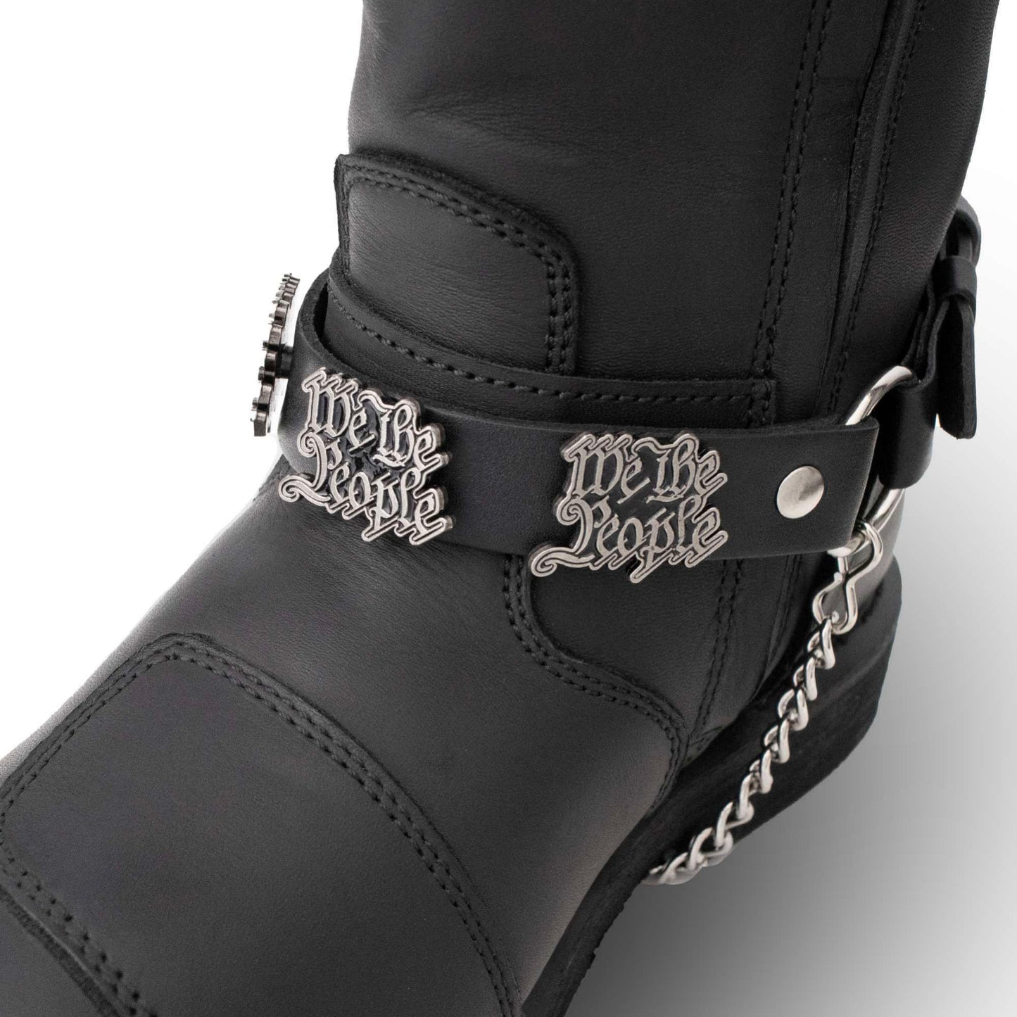 Silver We The People Emblem Boot Chain Adjustable Leather Strap