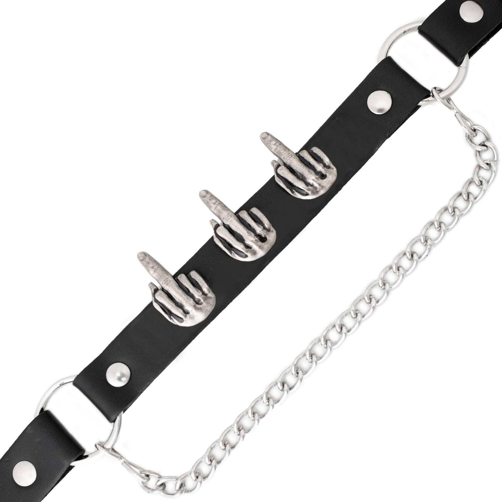 Silver Middle Finger Emblem Boot Chain Adjustable Leather Strap 42in