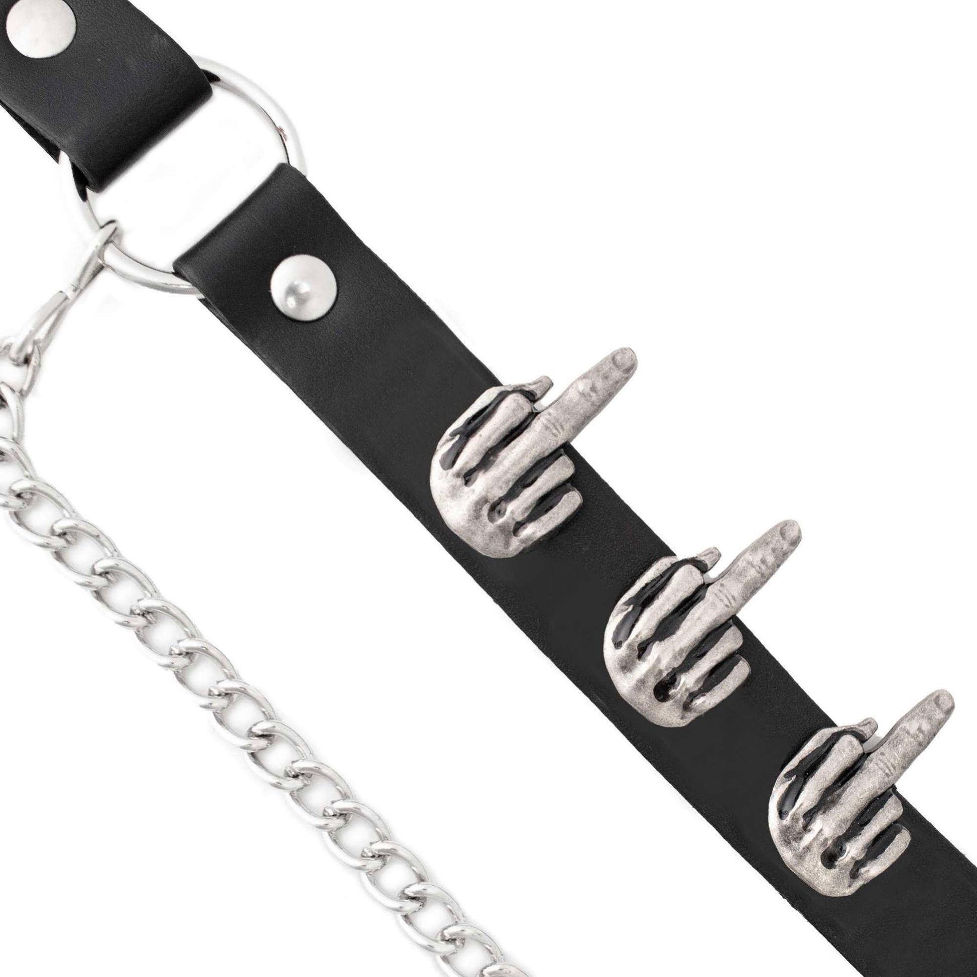 Silver Middle Finger Emblem Boot Chain Adjustable Leather Strap 42in