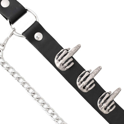 Silver Middle Finger Emblem Boot Chain Adjustable Leather Strap 42in