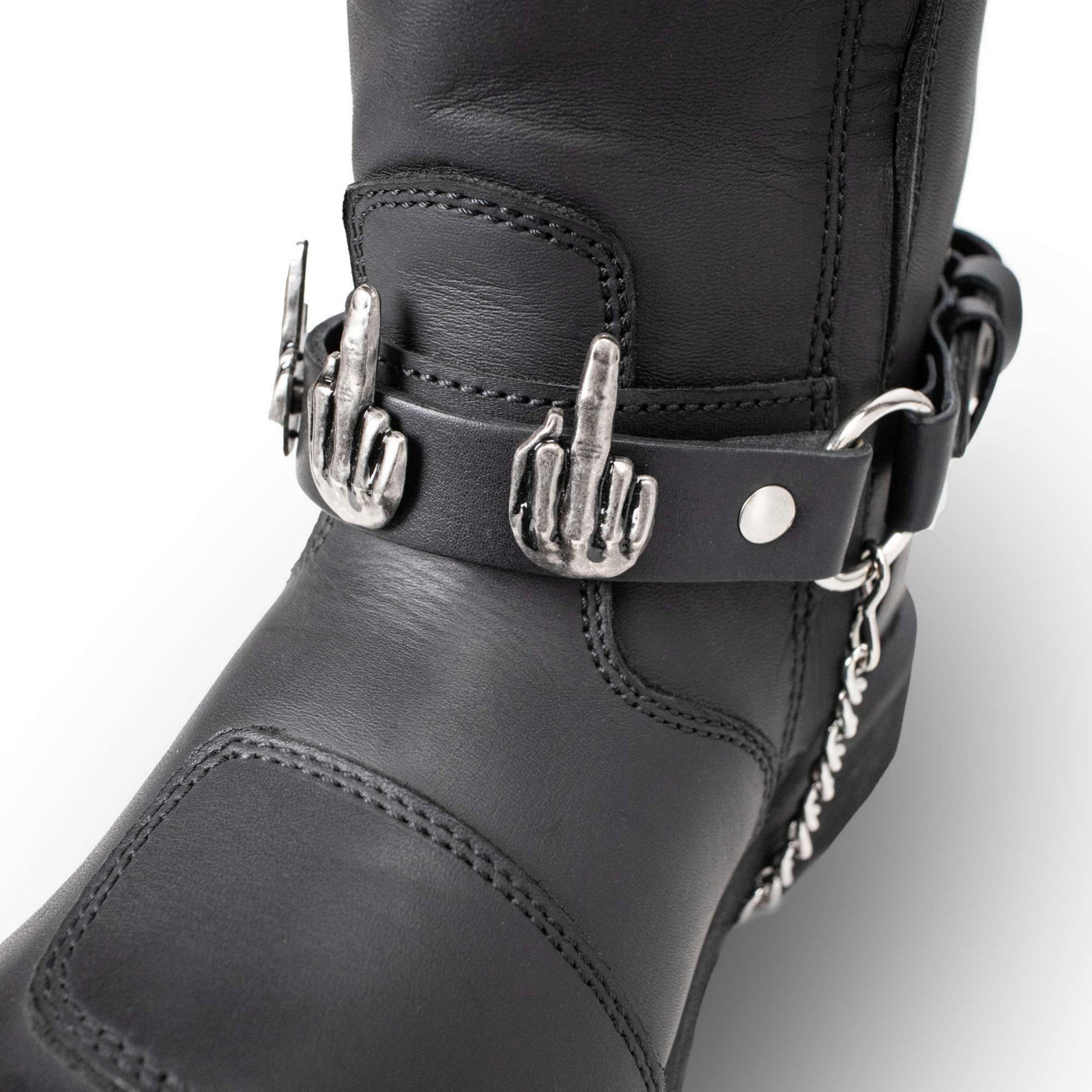 Silver Middle Finger Emblem Boot Chain Adjustable Leather Strap 42in