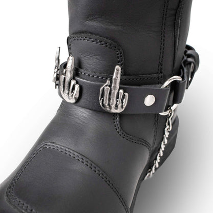 Silver Middle Finger Emblem Boot Chain Adjustable Leather Strap 42in