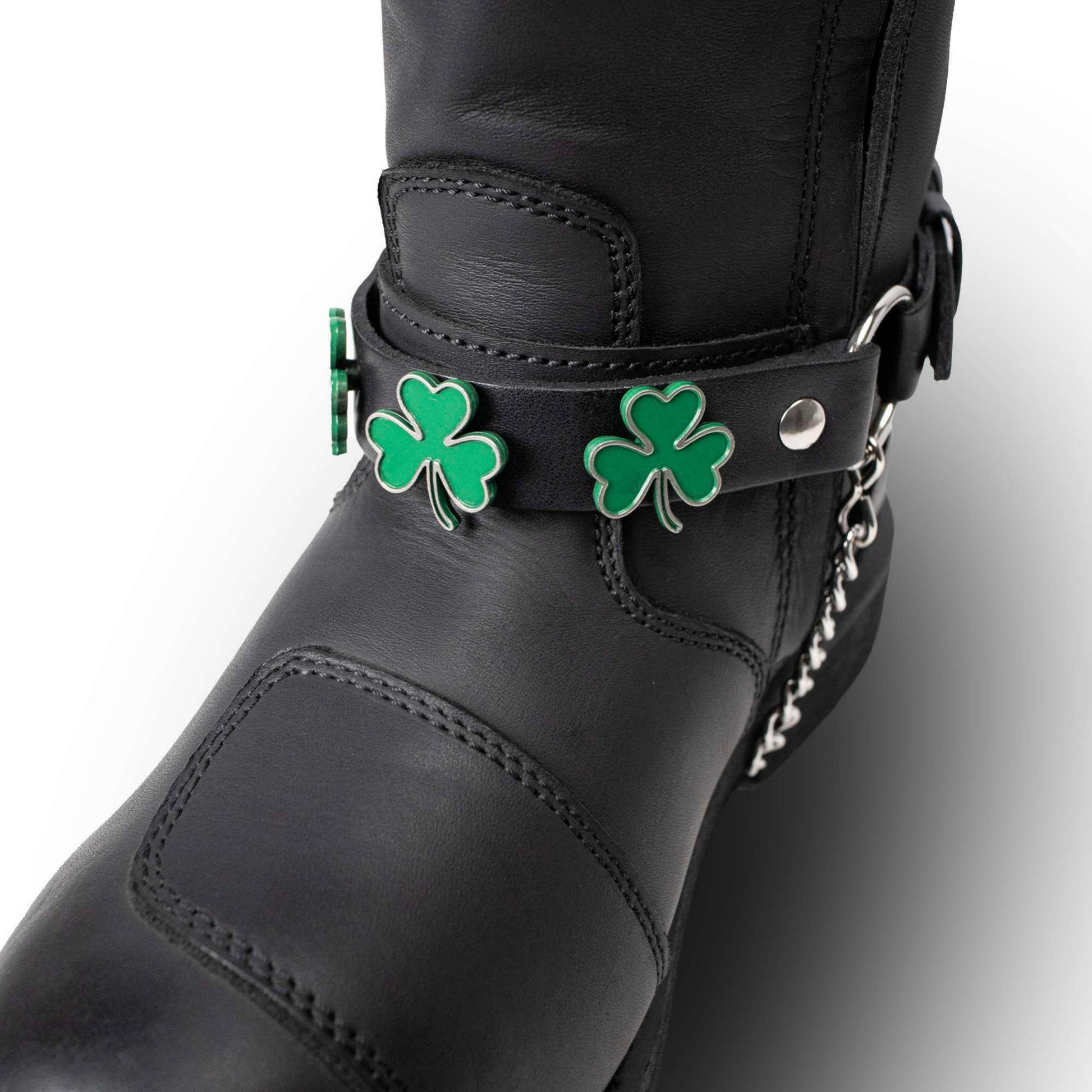 Silver Four-Leaf Clover Boot Chain with Adjustable Leather Strap