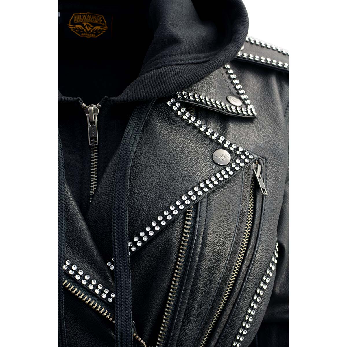 Women's Black 'Bedazzled' Leather Moto Jacket with Hoodie
