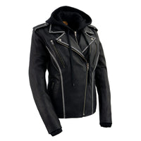 Women's Black 'Bedazzled' Leather Moto Jacket with Hoodie