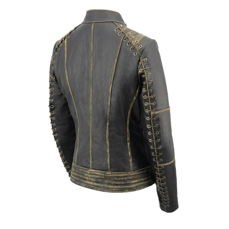 Women's 'Elegant' Distressed Brown Detail Laced Leather Jacket
