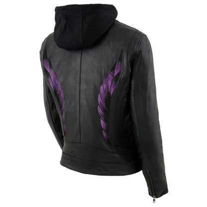 Ladies Purple Winged ‘Scuba’ Leather Jacket with Hoodie
