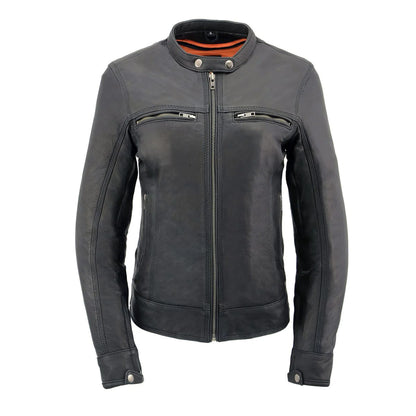 Women's Scooter Black Leather Vented Lightweight Triple Stitch Motorcycle Jacket