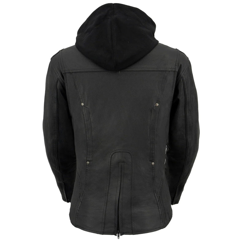 Women's Black 3/4 Hooded Leather Jacket with Side Stretch