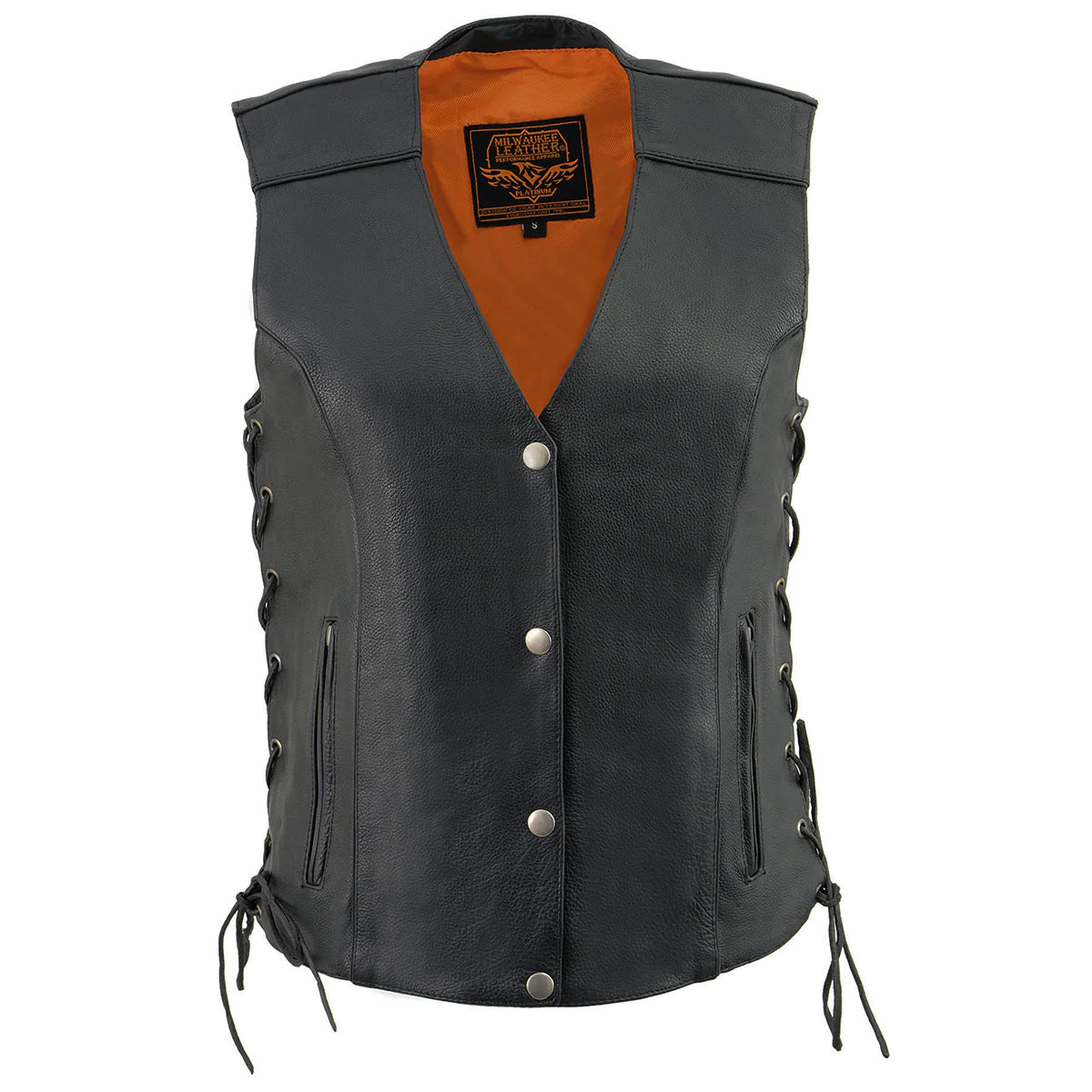 Women's Classic Black Leather Side Laced Biker Vest with Reflective Piping