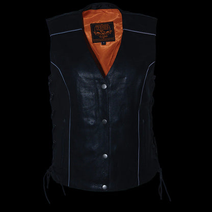 Women's Classic Black Leather Side Laced Biker Vest with Reflective Piping