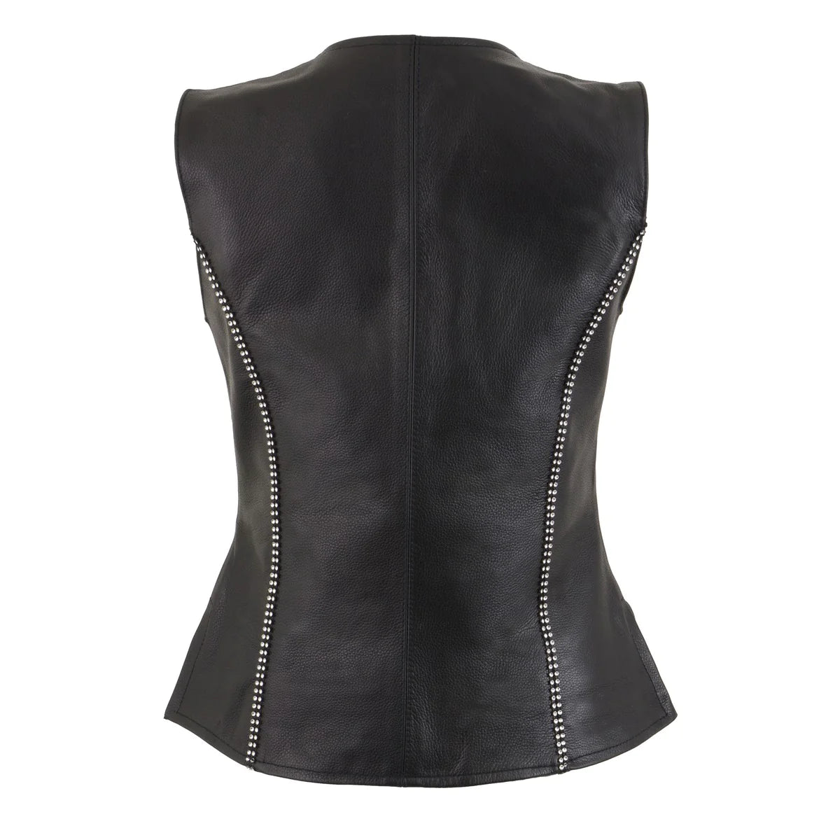 Women's Black Leather V-Neck Zipper Vest with Rhinestone Bling Detail