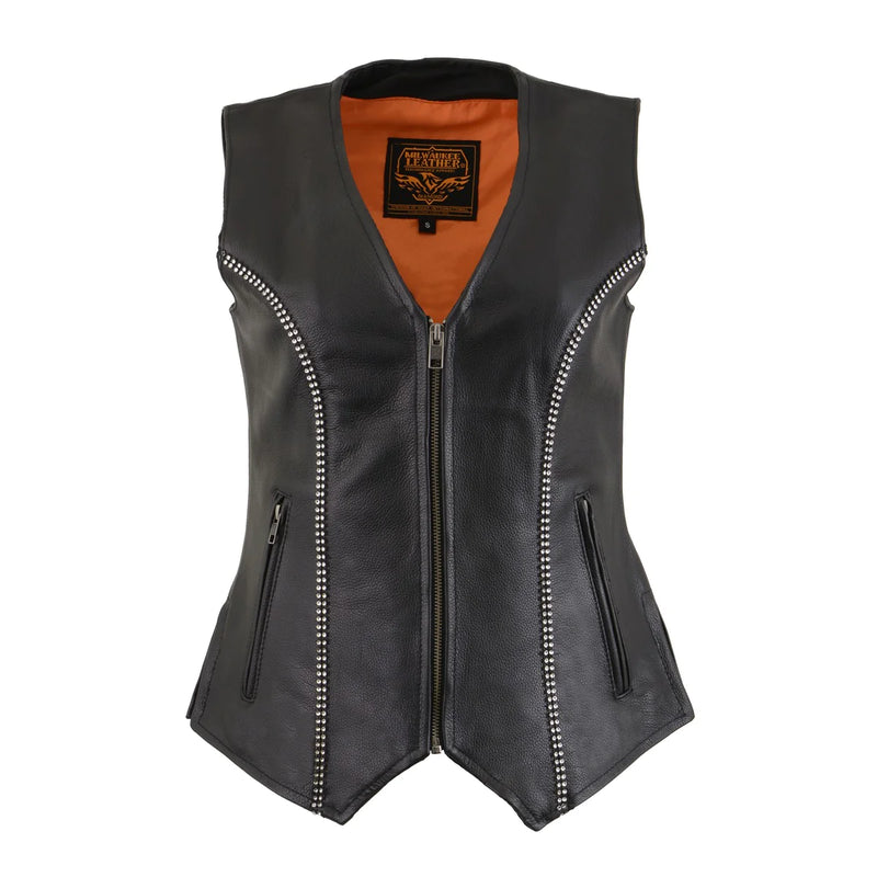 Women's Black Leather V-Neck Zipper Vest with Rhinestone Bling Detail