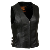 Women's Black Leather V-Neck Vest with Side Buckles