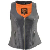 Women's Open Neck Front Zipper Black Leather Vest