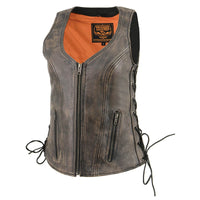 Women's Distressed Brown ‘Open Neck’ Motorcycle Leather Vest with Side Laces