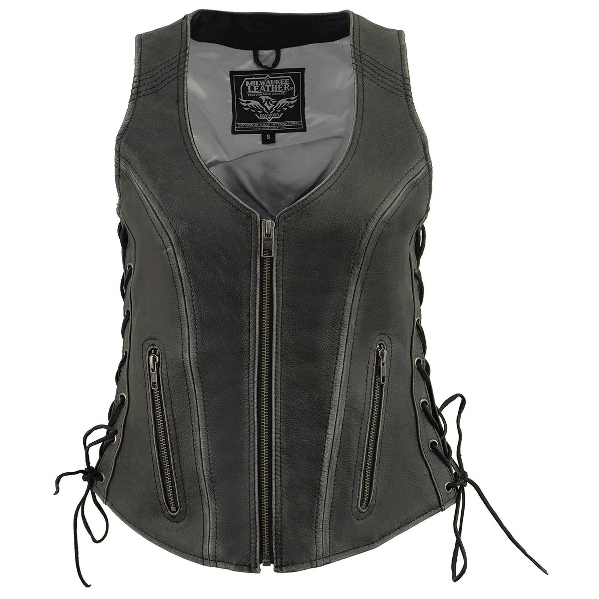 Women's Distressed Grey ‘Open Neck’ Leather Vest with Side Laces