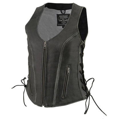 Women's Distressed Grey ‘Open Neck’ Leather Vest with Side Laces
