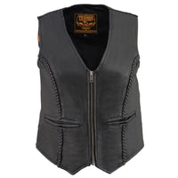 Women's Black Braided Lightweight Motorcycle Leather Vest with Zipper Closure