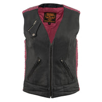 Ladies 'Crinkled' Black and Pink Lightweight Leather Vest