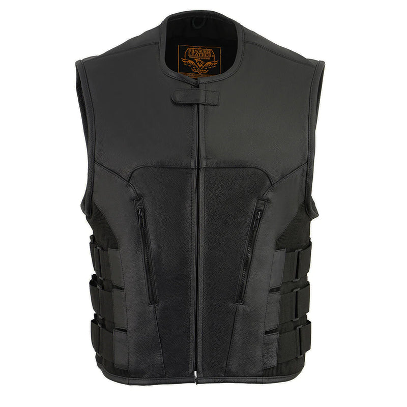 Men's 'Basher' Black SWAT Style Club Style Motorcycle Leather Vest