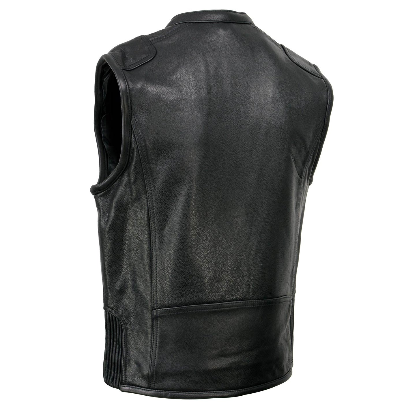 Men's Black Cool-Tec Leather Vest Front Zipper Motorcycle Rider Vest with Stand-Up Collar