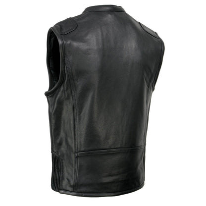 Men's Black Cool-Tec Leather Vest Front Zipper Motorcycle Rider Vest with Stand-Up Collar
